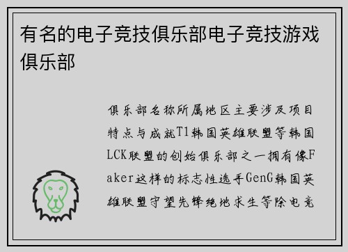 有名的电子竞技俱乐部电子竞技游戏俱乐部